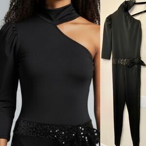 Kelle dance solo costume black asymmetrical jumpsuit unitard bowtie MA adult
